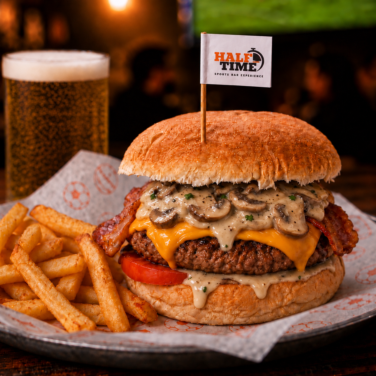 Burger Champi(ñ)ons con salsa cremosa de champiñones y papas fritas
