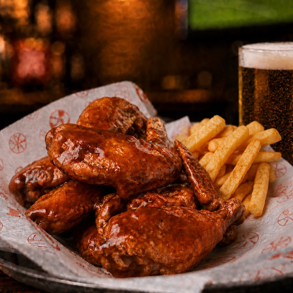Alitas BBQ con papas fritas
