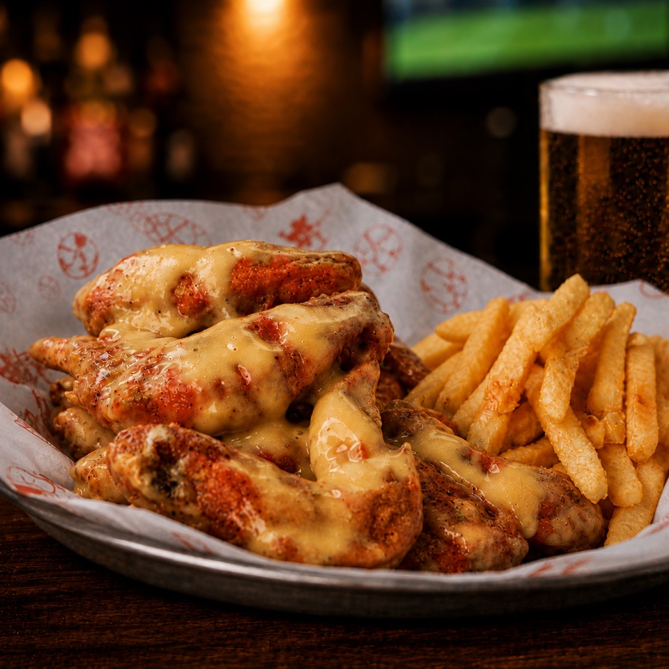 Alitas Honey Mustard con papas fritas